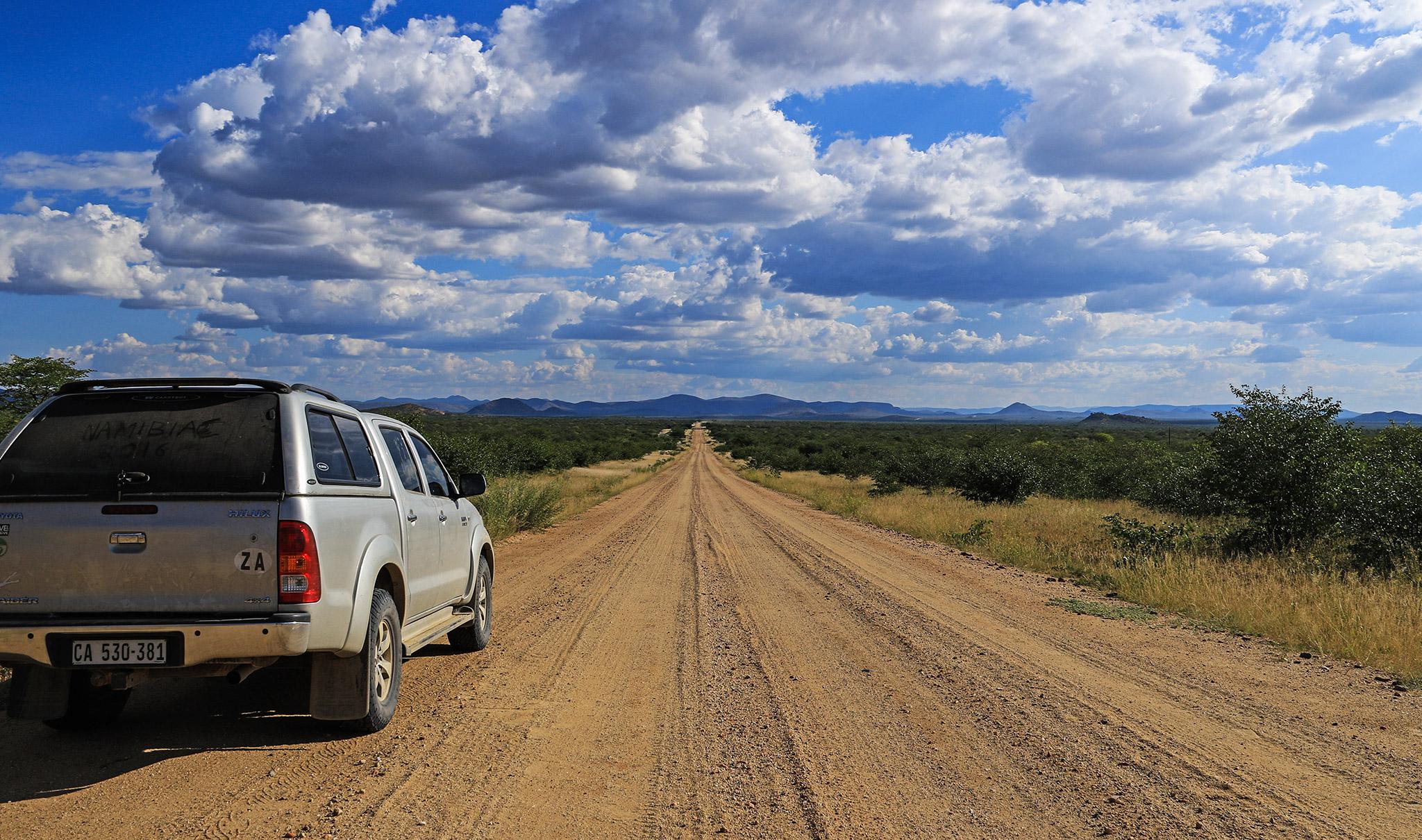 Rental car on a road in Namibia