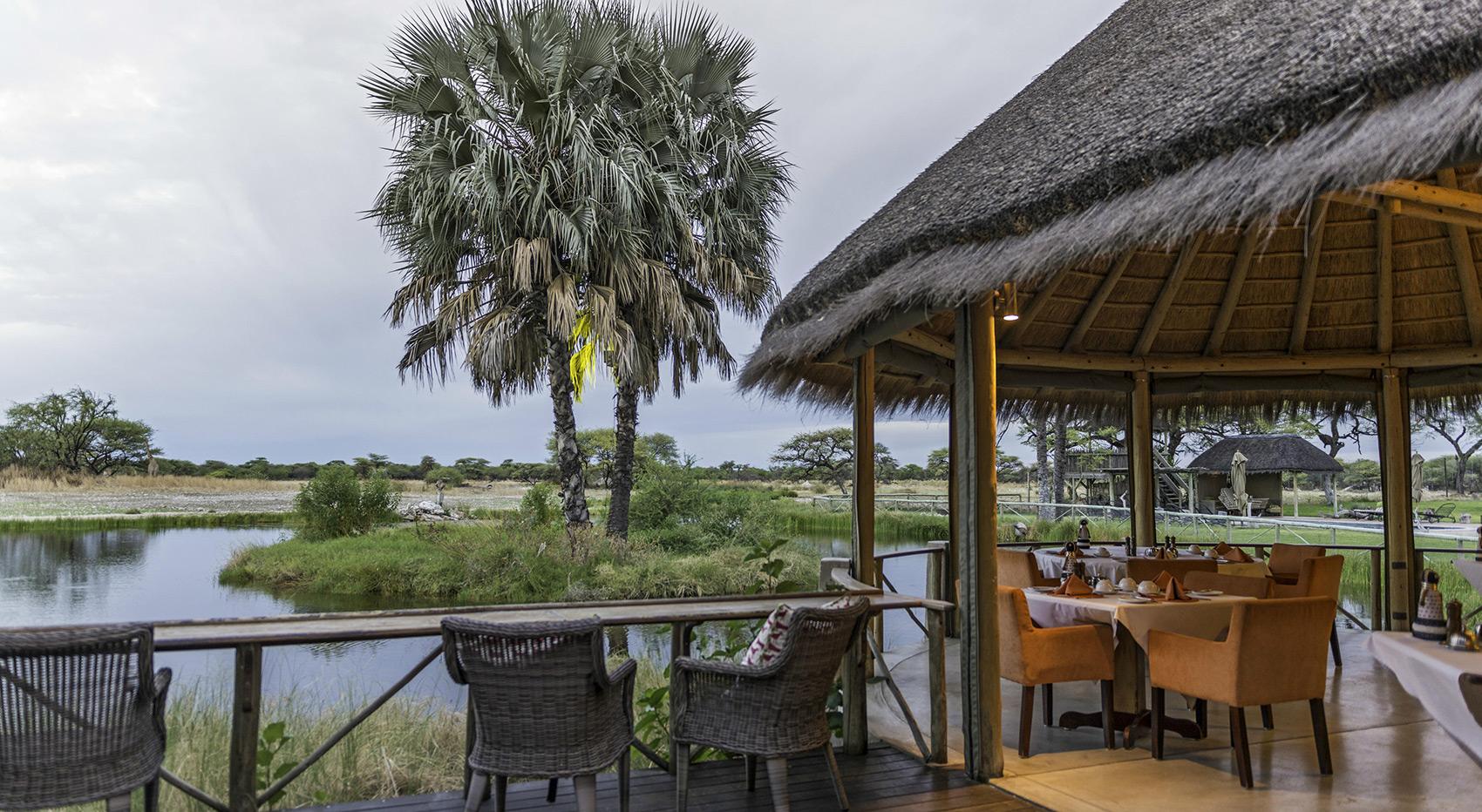 The terrace of Onguma Bush Camp with a view of the waterhole