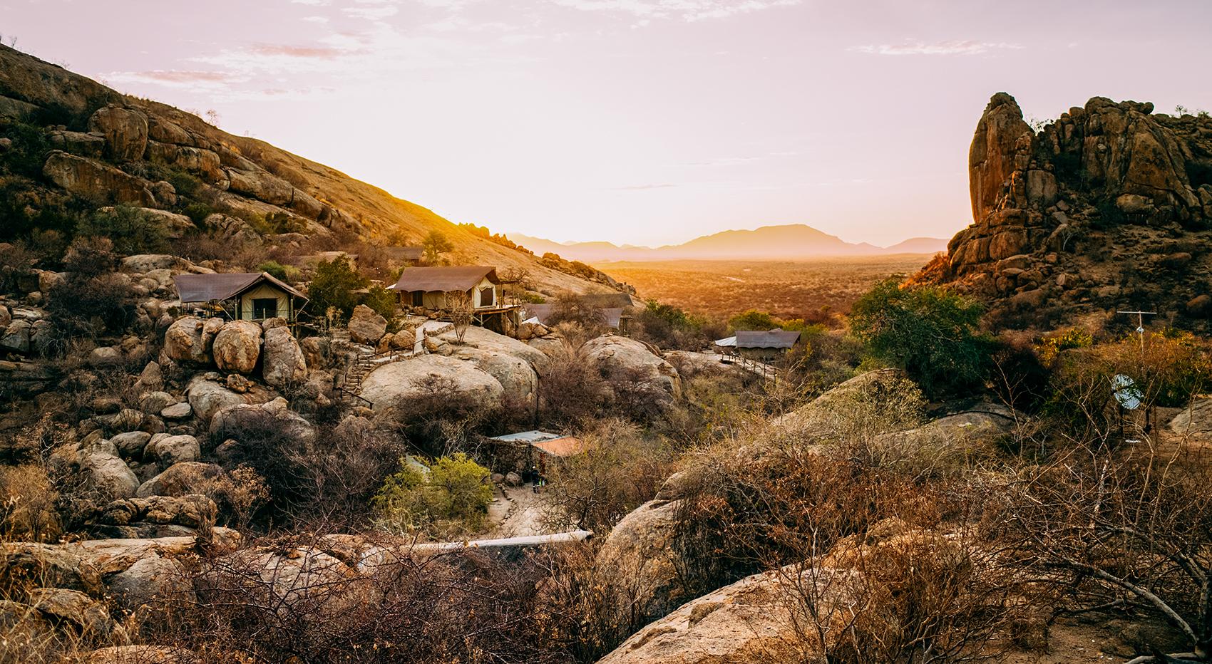 The Erongo Wilderness Lodge in the Erongo Mountains at sunset. The Erongo Wilderness Lodge in the Erongo Mountains at sunset.