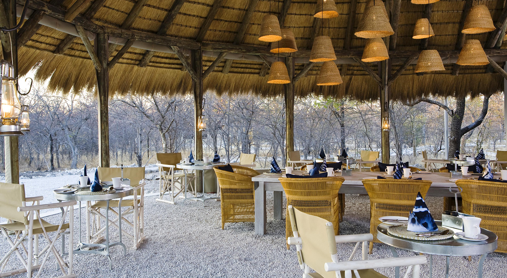 The dining area at Mushara Bush Camp in Etosha National Park. The dining area at Mushara Bush Camp in Etosha National Park.
