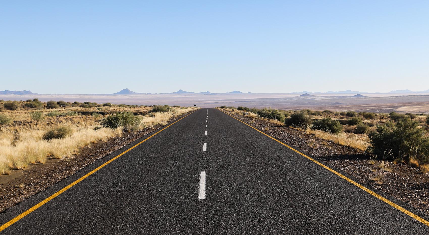 A what seems lke an endless road in Namibia. 